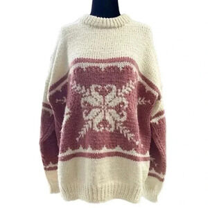 Hand Knit Fair Isle Sweater Chunky Oversized Crewneck Pullover Cream Pink Medium